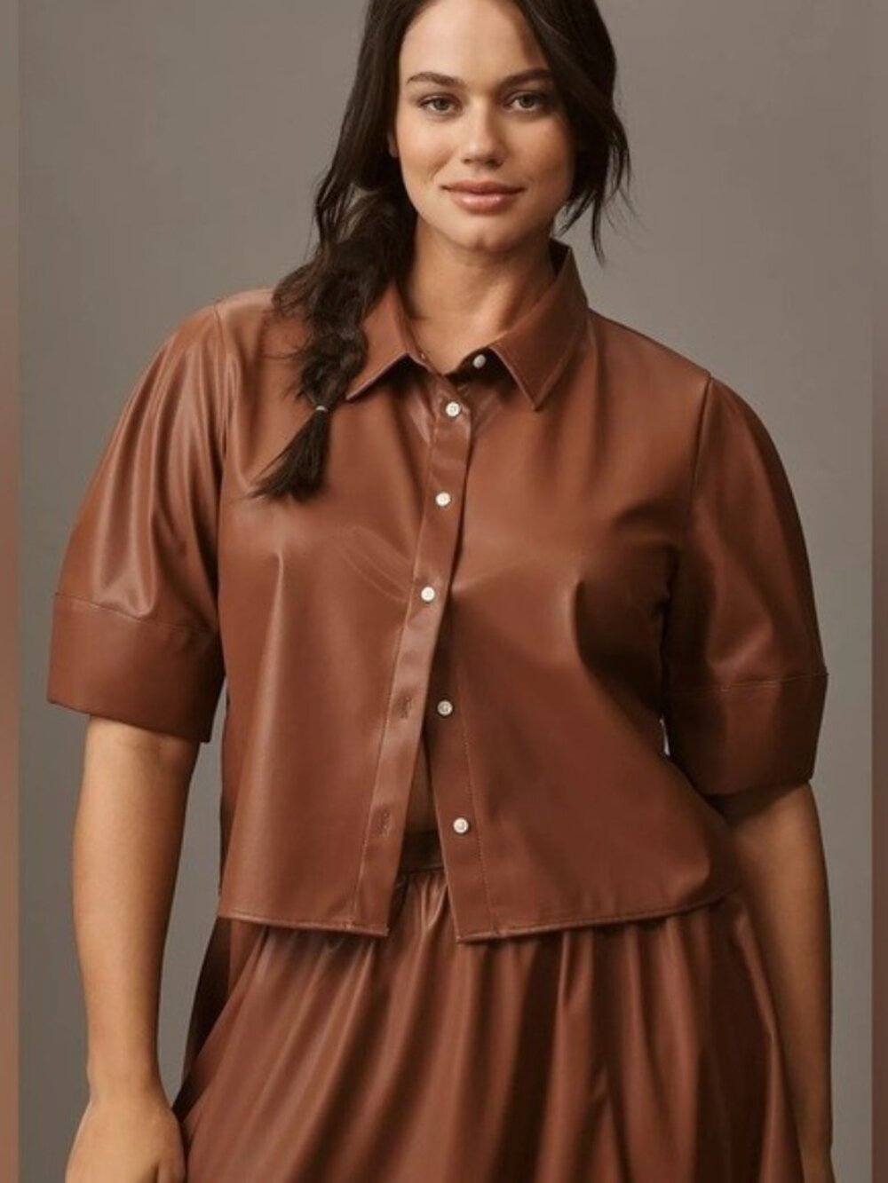 Anthropologie Maeve 1X Plus Lantern-Sleeve Faux Leather Blouse Brown NWT $128